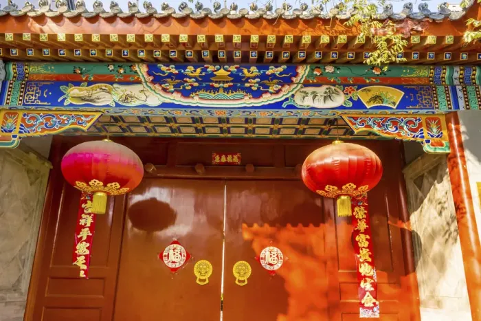 Framed Print : Ornate red door, lanterns New Year sayings, Hutong Neighborhood, Beijing, China Framed Print : Ornate red door, lanterns New Year sayings, Hutong Neighborhood, Beijing, China