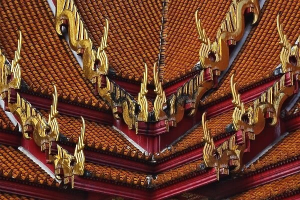 Ornate rooftop architecture of the Ordination Hall (Ubosot Hall) at Wat Benchamabophit