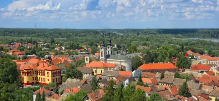 Framed Print : The Orthodox Cathedral of Saint Nicholas and red roof houses, Sremski Karlovci, Serbia