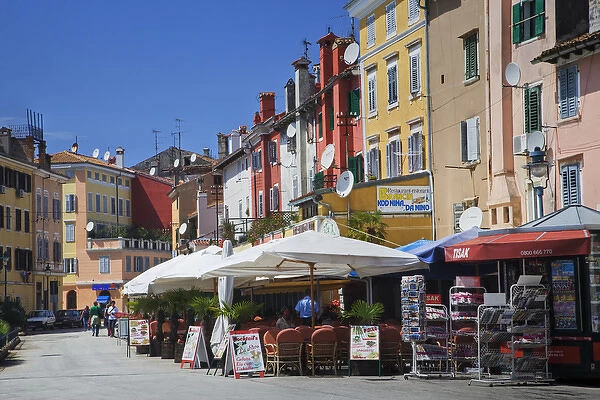 Outdoor cafes and colorful buildings, Rovigno, Croatia