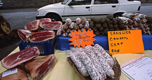 Outdoor market selling cured meat and sausage, Lyon, France