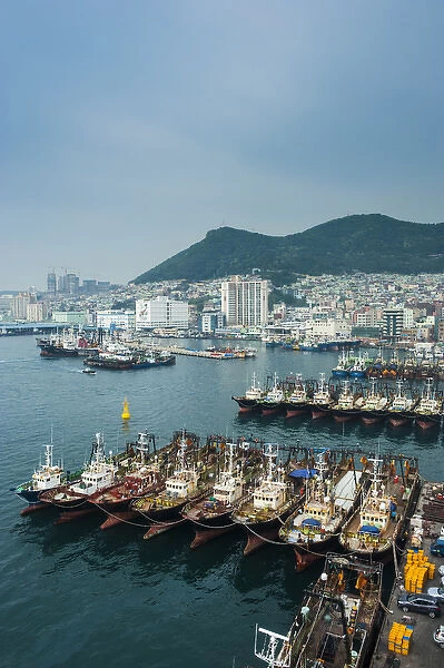 Overlook over the harbour and fishing fleet of Busan, South Korea