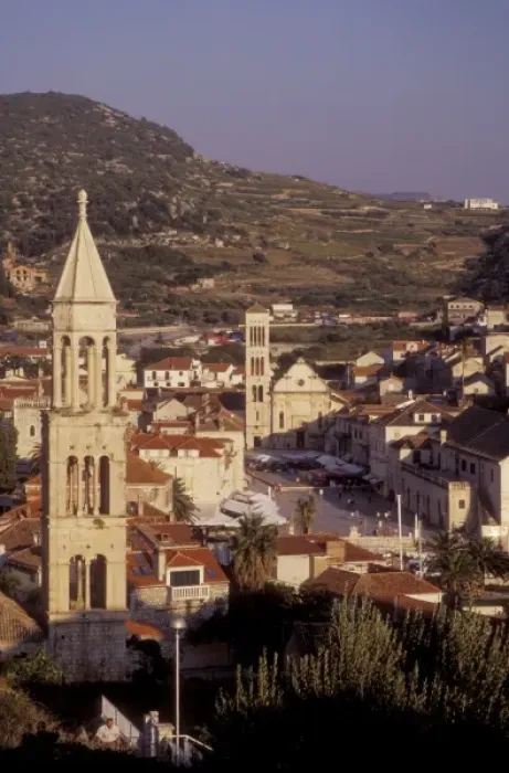 Framed Print : Overlooking Hvar Town with the Bell Tower of St. Marks Dominican Monastery in the foreground Framed Print : Overlooking Hvar Town with the Bell Tower of St. Marks Dominican Monastery in the foreground