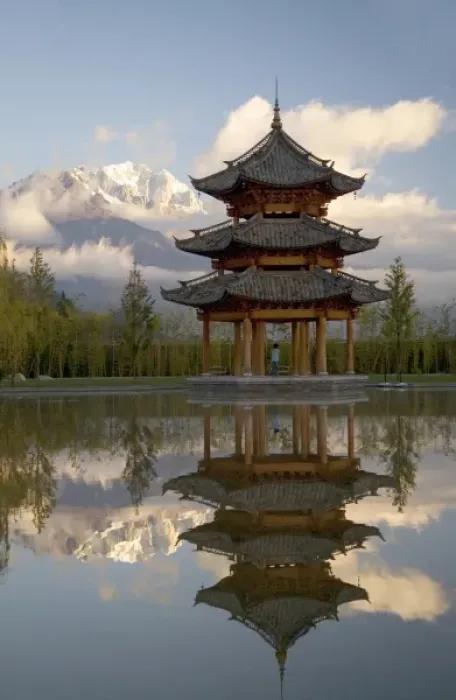 Framed Print : Pagoda reflected in pond, Valley of Jade Dragon Snow Mountain
