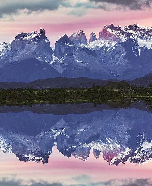 Paine Massif reflection at sunset, Torres del Paine National Park, Chile, South America