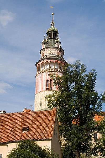 Painted beautiful Castle Tower of tourist city of Cesky Krumlov in Czech Republic