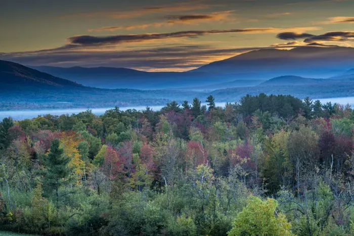Framed Print : Painterly fall landscape with fog and fall foliage, Sugar Hill, White Mountains