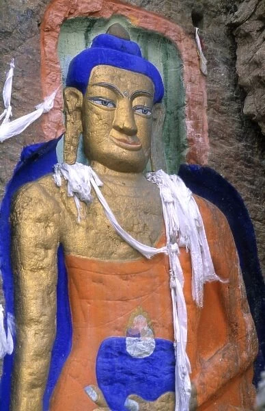 Painting artwork of Buddha on the Rock at Sakyamuni in capital city of Lhasa Tibet China