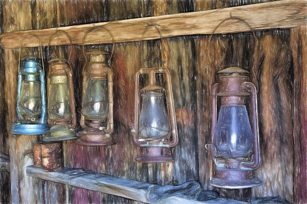 Painting effect on antique lanterns, Bodie State Historic Park viewed through window, California
