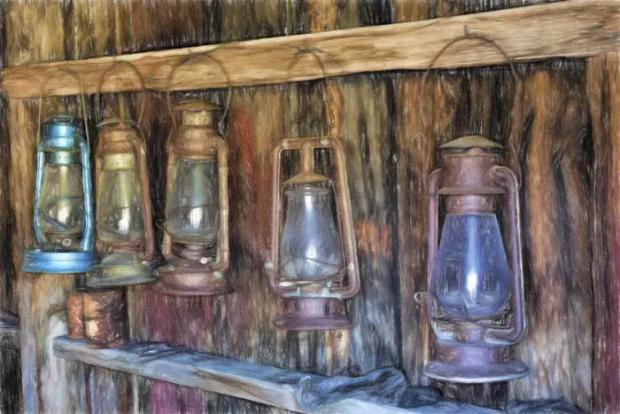Framed Print : Painting effect on antique lanterns, Bodie State Historic Park viewed through window, California Framed Print : Painting effect on antique lanterns, Bodie State Historic Park viewed through window, California