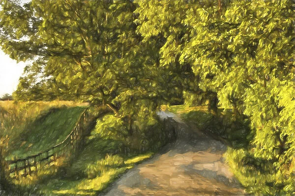 Painting effect on rural road and fence at sunrise, Oldham County, Kentucky
