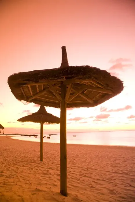 Framed Print : Palapa style beach huts at sunrise, Belle Mare Public Beach, Southeast Mauritius, Africa