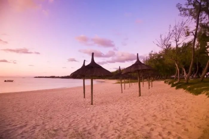 Framed Print : Palapa style beach huts at sunrise, Belle Mare Public Beach, Southeast Mauritius, Africa