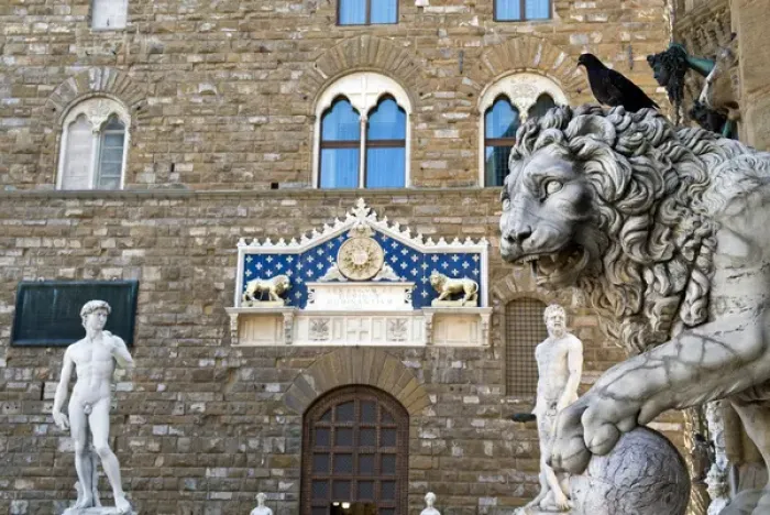 Framed Print : Palazzo Vecchio (15th century), The Marzocco Lion and statue of David, Piazza della Signoria Framed Print : Palazzo Vecchio (15th century), The Marzocco Lion and statue of David, Piazza della Signoria