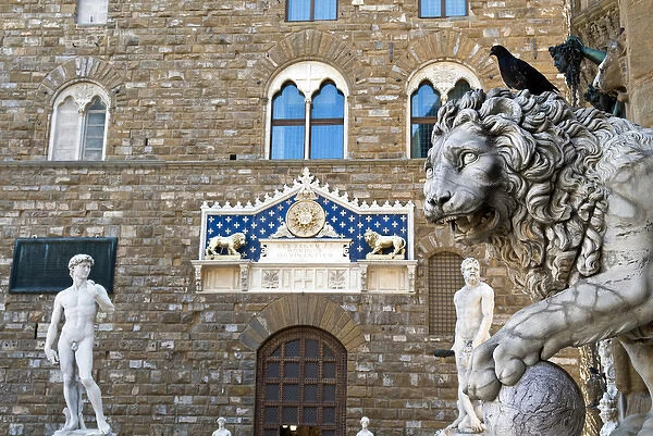 Palazzo Vecchio (15th century), The Marzocco Lion and statue of David, Piazza della Signoria