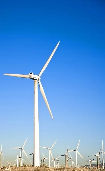 Palm Springs, CA, USA. View of wind turbines in the desert under a clear blue sky