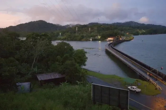 Framed Print : Panama, Panama Canal, mouth of Chagres river into Panama Canal. bridge to Gamboa