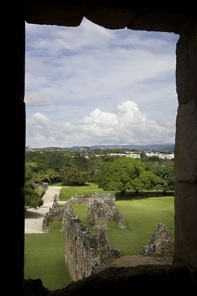 Panama. A veiw of the ancient colonial ruins from the bell tower in Panama city