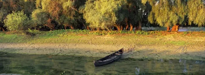 Framed Print : Panorama of Channel in the Danube Delta with fishing boat, romania. Big willows Framed Print : Panorama of Channel in the Danube Delta with fishing boat, romania. Big willows