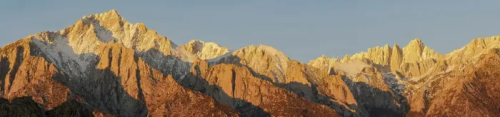 Framed Print : Panoramic Eastern Sierra Mountains at sunrise from Alabama Hills, Mt. Lone Pine left, Mount Whitney right, Eastern Sierras area, Sierra Nevada Mountains, Lone Pine, California