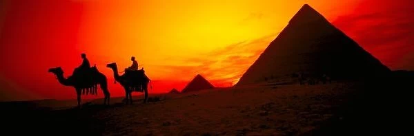 Panoramic: Great Pyramids of Giza, Egypt at sunset