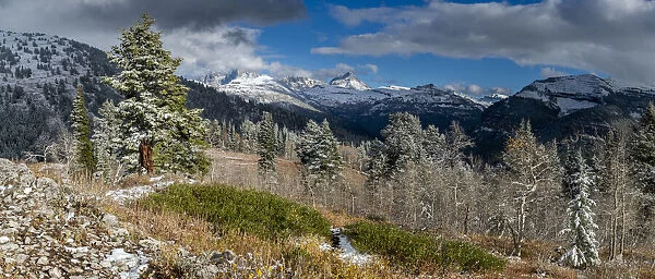 Panoramic of October snow and Teton Mountains from the west near Jackson hole