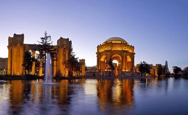 Panoramic of the Palace of Fine Arts at dusk in San Francisco, California, USA