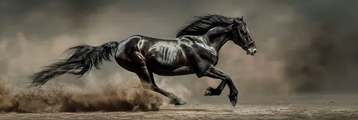 Framed Print : Panoramic of running black horse on soil. (AI Generated)