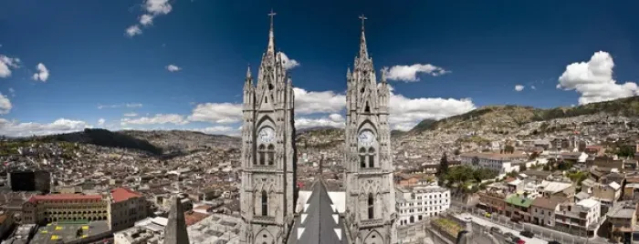 Framed Print : Panoramic view of the bell towers at the National Basilica, Quito, Ecuador