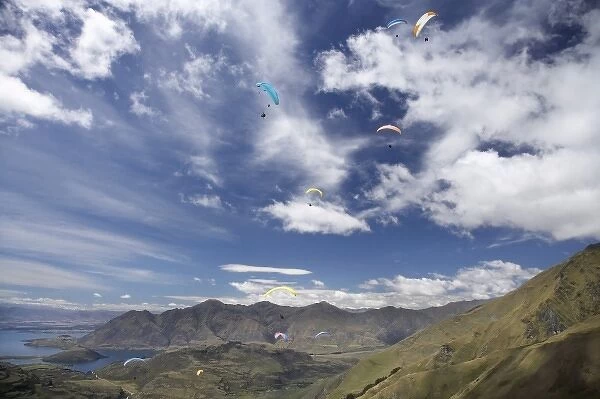Paragliders above Lake Wanaka, South Island, New Zealand