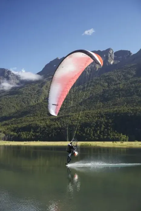 Framed Print : Paramotor skimming water, Diamond Lake, Paradise, near Glenorchy, Queenstown Region Framed Print : Paramotor skimming water, Diamond Lake, Paradise, near Glenorchy, Queenstown Region