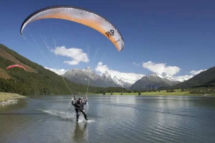 Framed Print : Paramotor skimming water, Diamond Lake, Paradise, near Glenorchy, Queenstown Region Framed Print : Paramotor skimming water, Diamond Lake, Paradise, near Glenorchy, Queenstown Region
