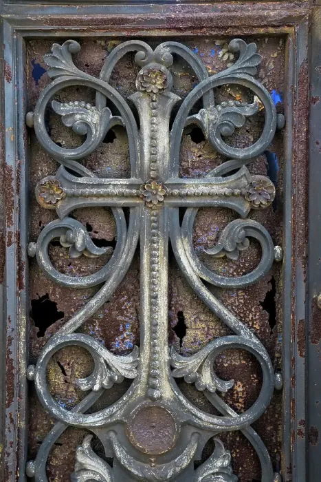 Framed Print : Paris, France. The famous Pere LaChaise Cemetery beautiful old metal work on door