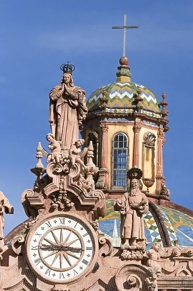 The top of the parish church Santa Prisca at Taxco in the State of Guerrero, Mexico