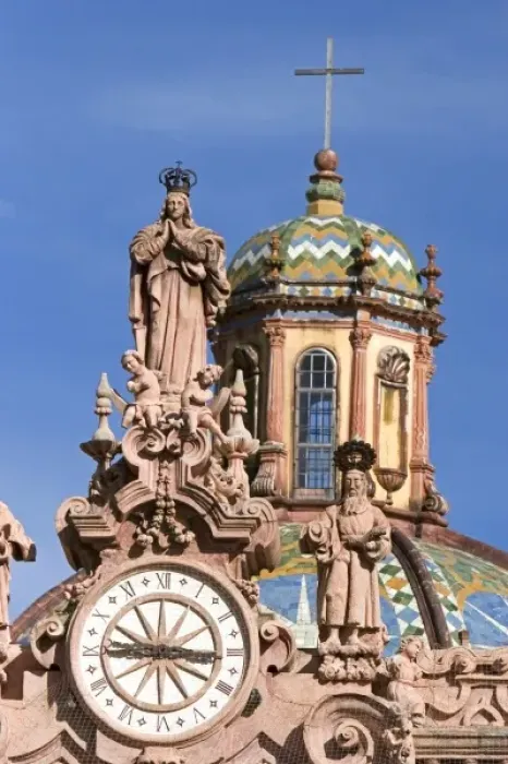 Framed Print : The top of the parish church Santa Prisca at Taxco in the State of Guerrero, Mexico