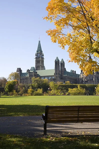 Park bench and trees near Parliment Building in Ottawa, Ontario, Canada