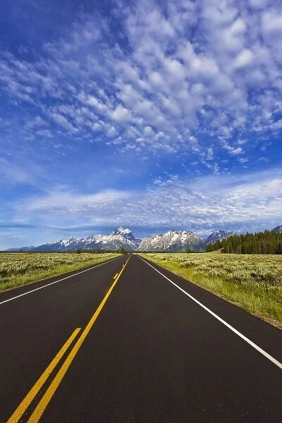 Empty park road in Grand Teton National Park, Wyoming, USA
