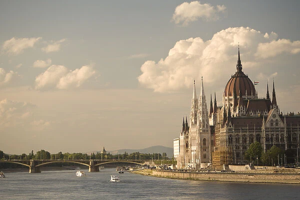 Parliament Buildings along Danube River, viewed from the Chain Bridge, Pest side of Budapest
