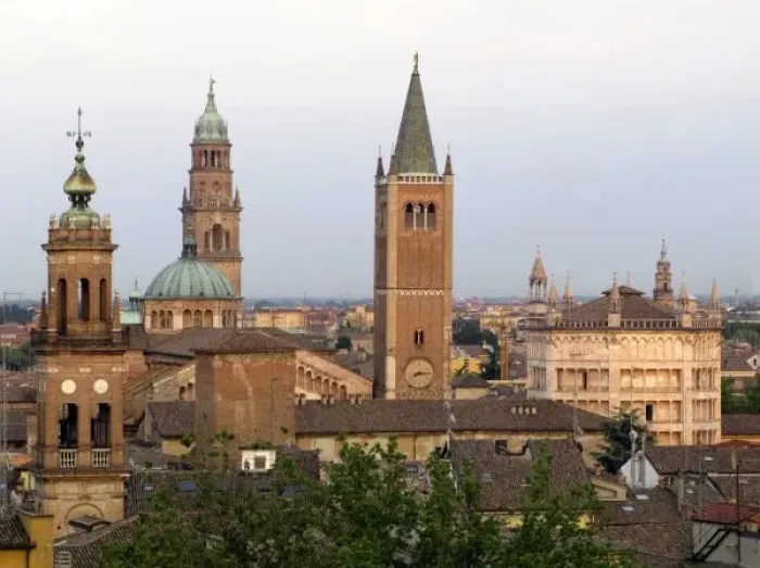 Framed Print : Parma city center; Battistero church on the right, Duomo on the left Framed Print : Parma city center; Battistero church on the right, Duomo on the left