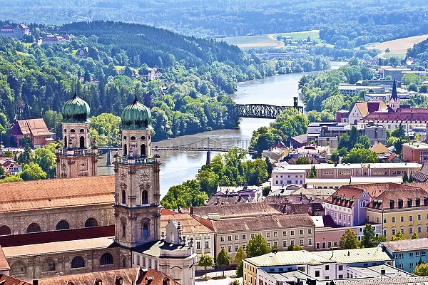 Passau, Bavaria, Germany, aerial view of Old Town and the Cathedral of St