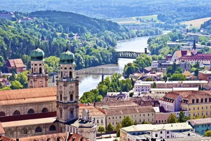 Framed Print : Passau, Bavaria, Germany, aerial view of Old Town and the Cathedral of St Framed Print : Passau, Bavaria, Germany, aerial view of Old Town and the Cathedral of St
