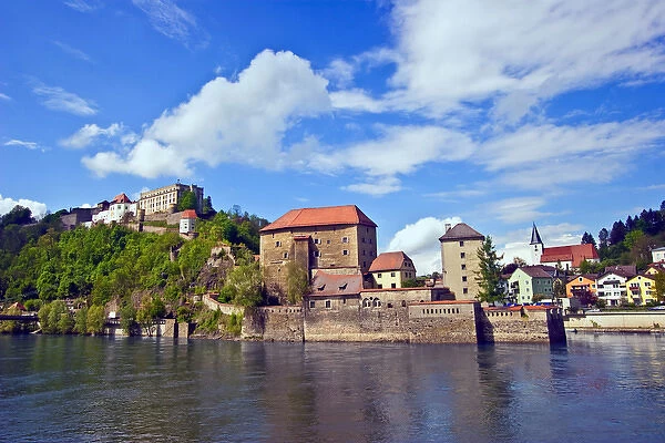 Passau, Germany, the Danube River flows in front of Veste Oberhaus castle, Bavaria