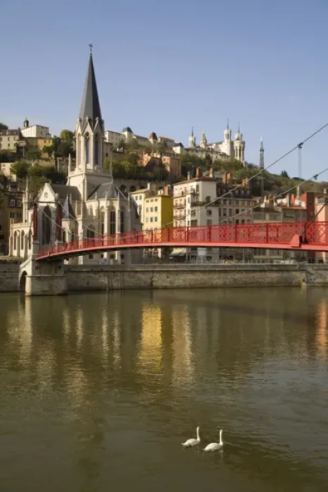 Framed Print : Passerelle St Georges foot bridge across River Saone, St George church, Lyon, France Framed Print : Passerelle St Georges foot bridge across River Saone, St George church, Lyon, France