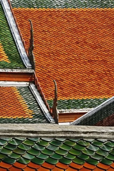 Pattern in ceramic tiles on overlapping rooftops, Wat Pho, Bangkok, Thailand