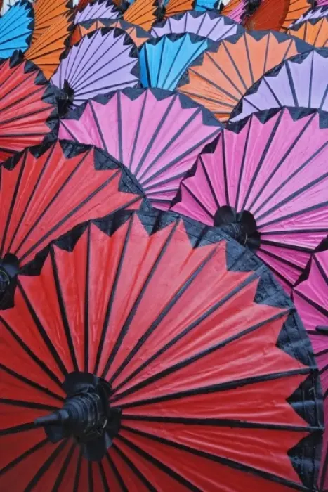 Framed Print : Pattern of newly assembled decorative umbrellas drying in sun, Umbrella Making Center