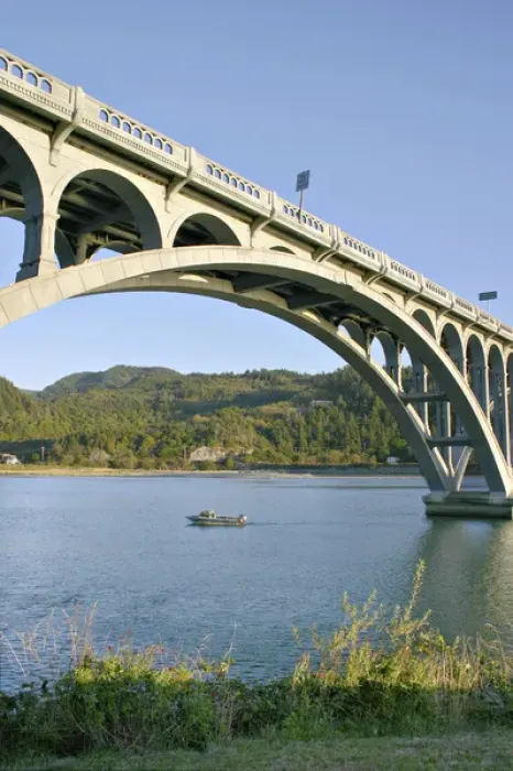 Framed Print : Patterson Memorial Bridge highway 101 over Rogue River on coast at Gold Beach Oregon