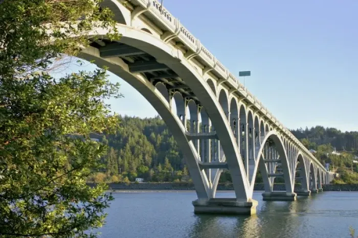 Framed Print : Patterson Memorial Bridge highway 101 over Rogue River on coast at Gold Beach Oregon