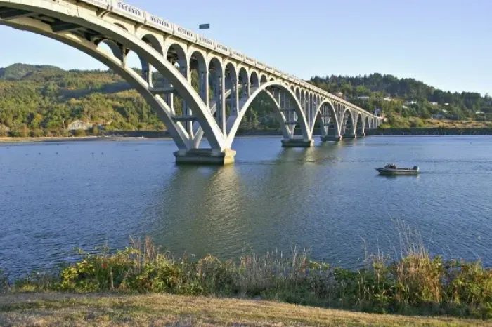 Framed Print : Patterson Memorial Bridge highway 101 over Rogue River on coast at Gold Beach Oregon
