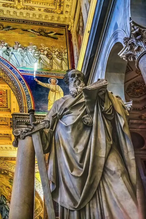 Framed Print : Paul statue, Papal Basilica of Saint Paul, Rome, Italy. One of 4 Papal basilicas, established over Saint Paul's burial place in 324 by Emperor Constantine. (Editorial Use Only)