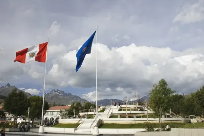 Framed Print : Pavilion with flag poles in center of city, Huaraz, Peru Framed Print : Pavilion with flag poles in center of city, Huaraz, Peru